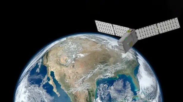 Illustration of a satellite in orbit over Earth.
