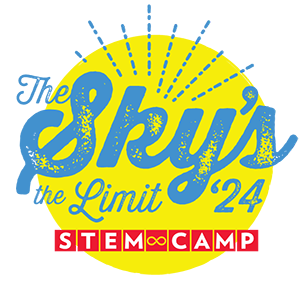 Sky's the Limit STEM camp logo, with cursive retro-styled blue text against a circular yellow background